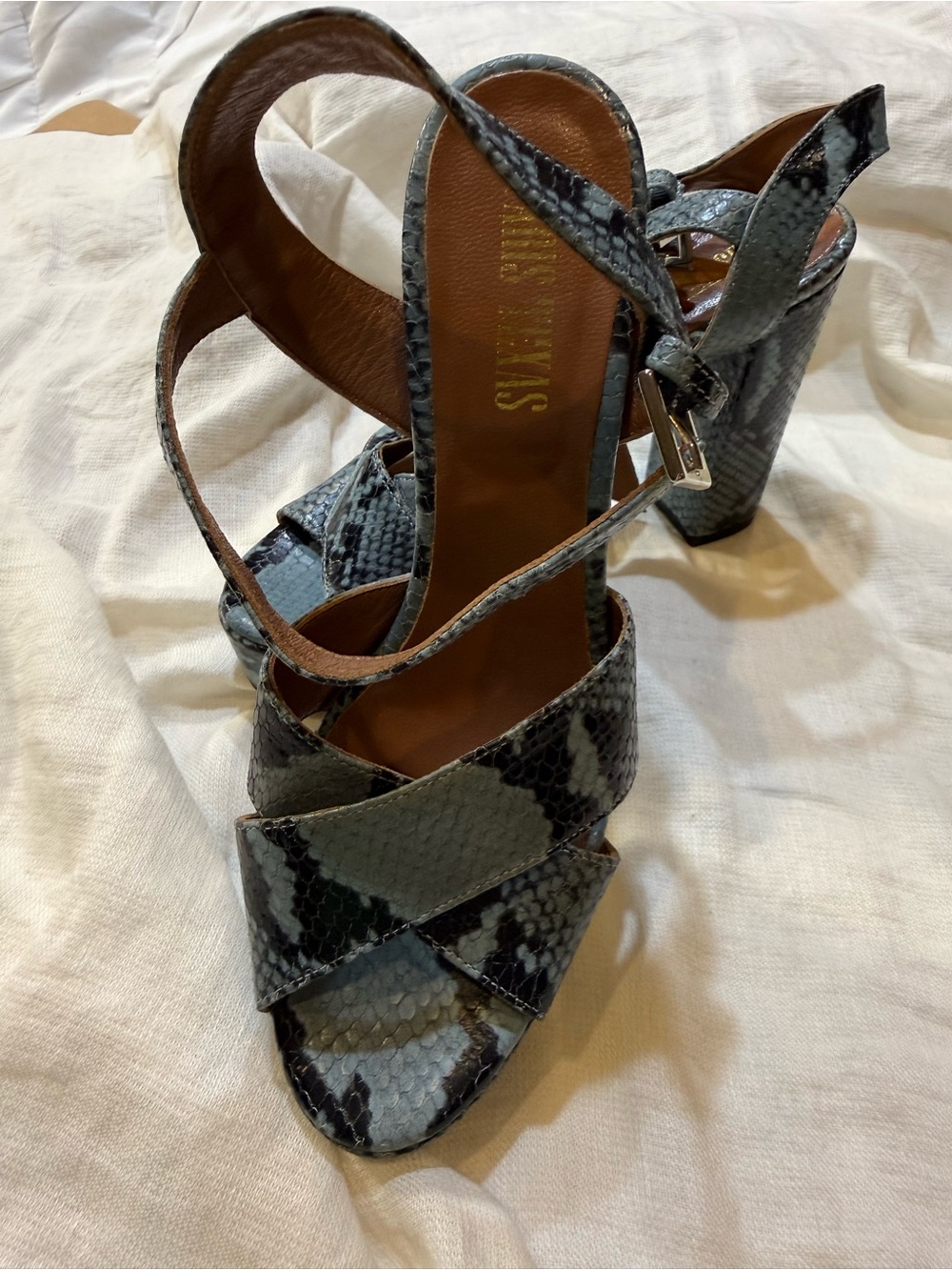 Paris Texas Gray Snake-Print Block Heel Sandals